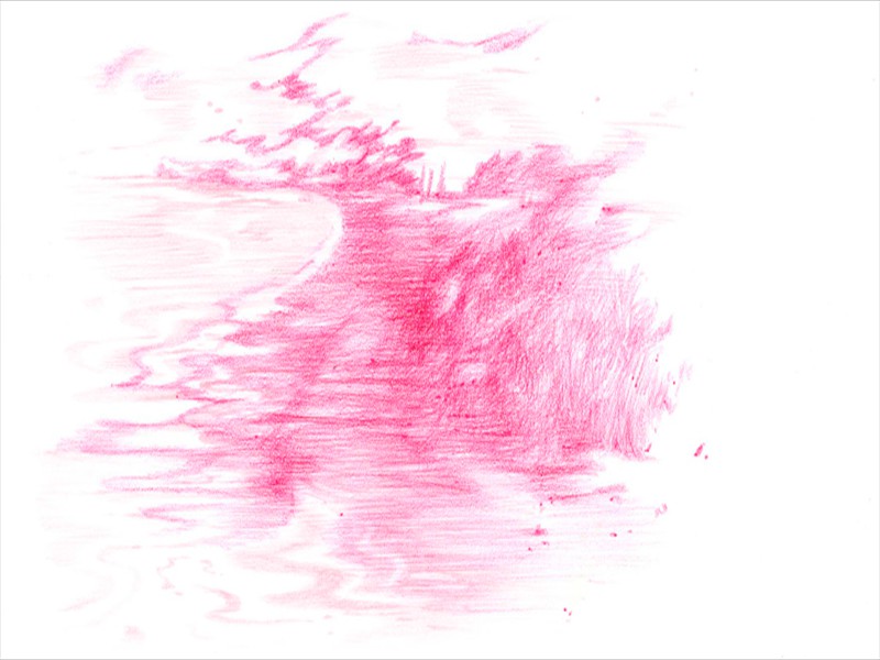 <span class=titre_dessin>midi plein à Lava, retour</span>dessin, crayon de couleur et soufre d'allumette sur papier, <br />21 x 30 cm, 2013