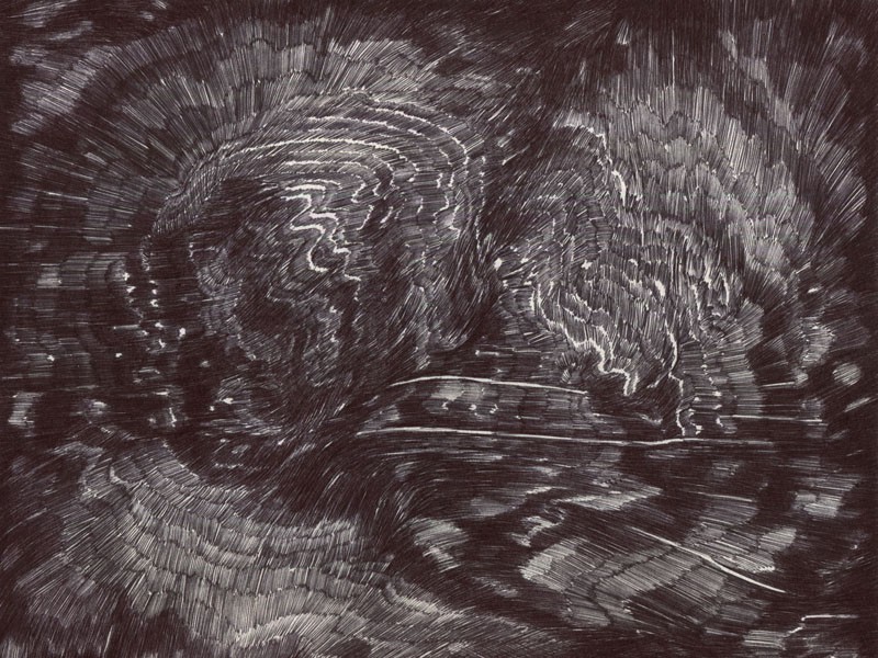 <span class=titre_dessin>Dessin ricochet</span>réalisé dans Sainte-Victoire, stylo bille noir sur papier, <br />20 x 30 cm, 2016.