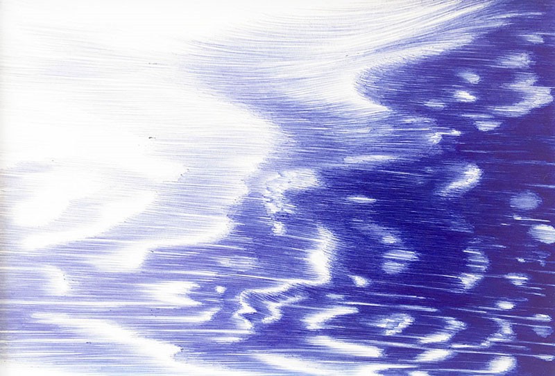 <span class=titre_dessin>Dessin ricochet (bleu), </span>stylo bille sur papier, 21 x 30 cm, encadrés blanc, 2018 