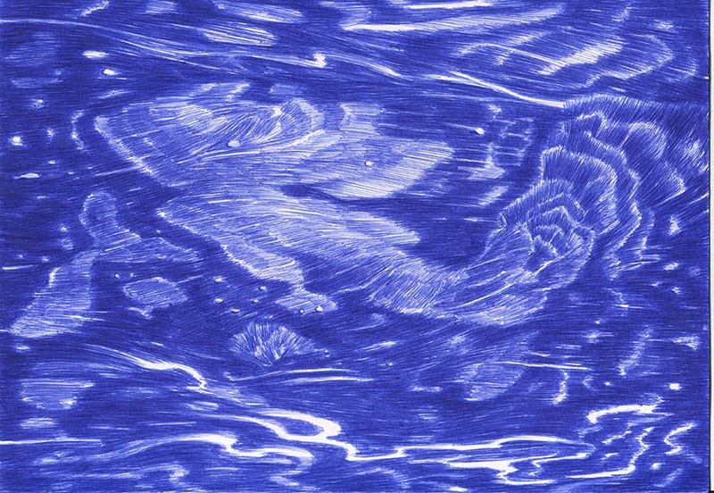 <span class=titre_dessin>Dessin ricochet (bleu)</span>stylo bille sur papier, 21 x 30 cm, encadrés blanc, 2018 