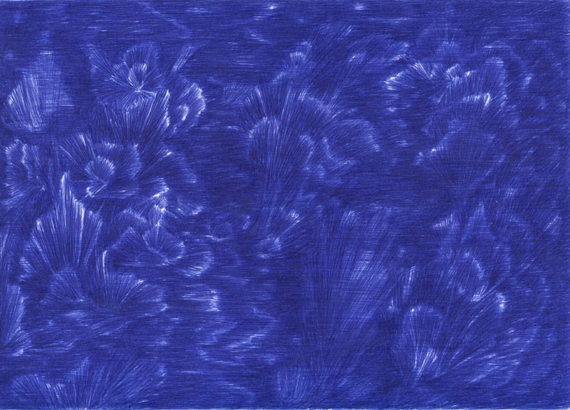 <span class=titre_dessin>Dessin ricochet (bleu)</span>stylo bille sur papier, 21 x 30 cm, encadrés blanc, 2018