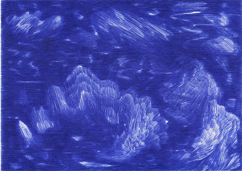 <span class=titre_dessin>Dessin ricochet (bleu)</span>stylo bille sur papier, 21 x 30 cm, encadrés blanc, 2018