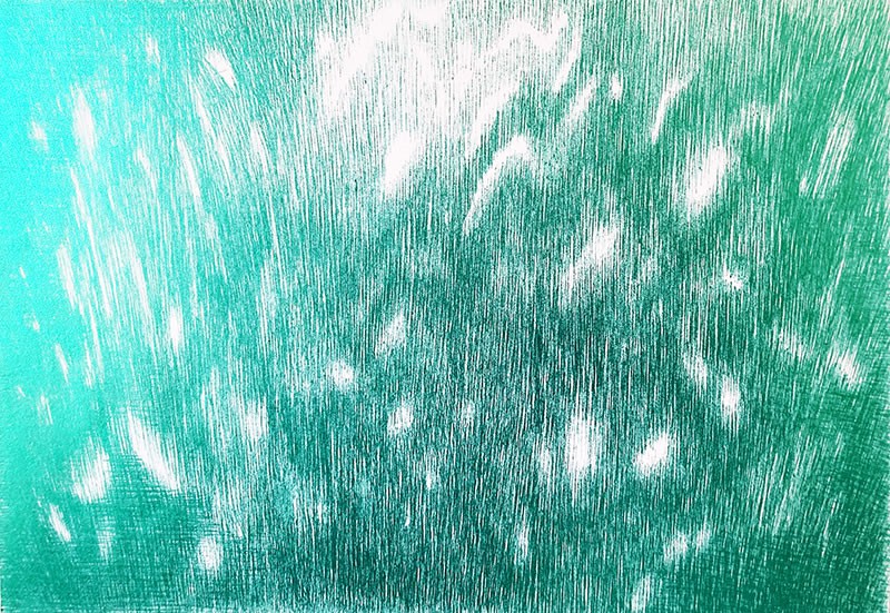 <span class=titre_dessin>Sirènes - Dessins ricochets (vert)</span>dessins stylo vert scintillant sur papier, encadrés bois blanc, 20 x 30 cm, Musée d’art contemporain Artéum, 2021
